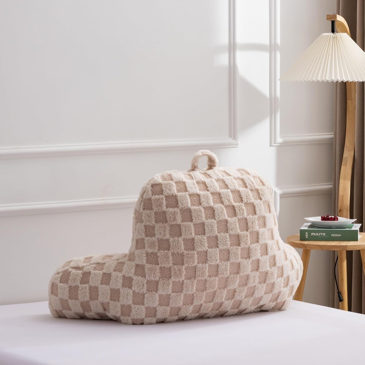A Nice Night Faux Fur Reading Pillow,Checkered Fluffy Grid Plaid,Bed Wedge Pillow Large Adult Children Backrest with Arms for Bedrest,Beige
