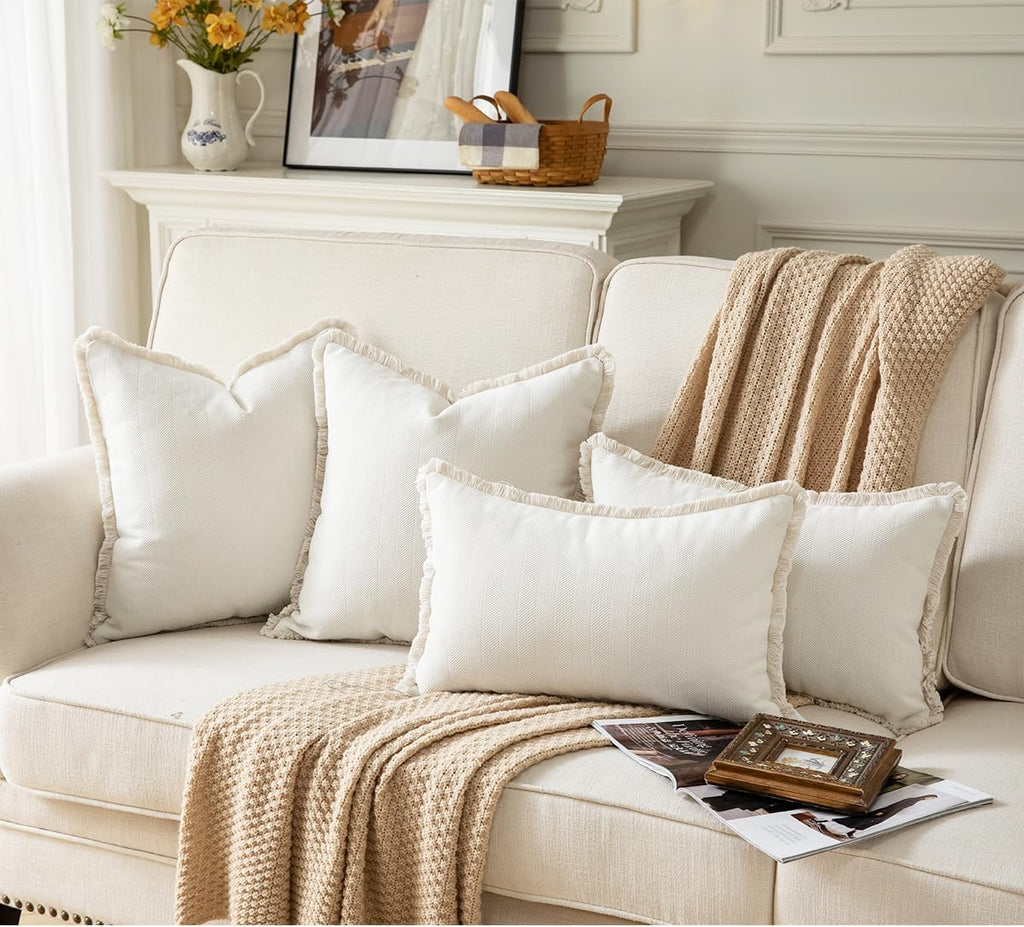 Set of 2 Decorative Fringe Throw Pillow Covers Chenille Pillow Covers Elegant Design Pillowcase Soft Tassels Cushion Cover for Couch Bed Home Decor,18×18 Inch,Cream White