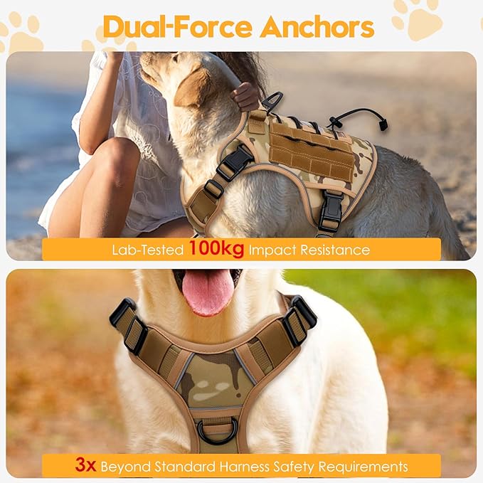 Heavy-Duty Tactical Dog Harness for Large Dogs, No Pull Adjustable Reflective Pet Vest with Molle System, K9 Military-Grade Control for Service Training, Outdoor & 10+ Breeds, Desert Camo, XX-Large
