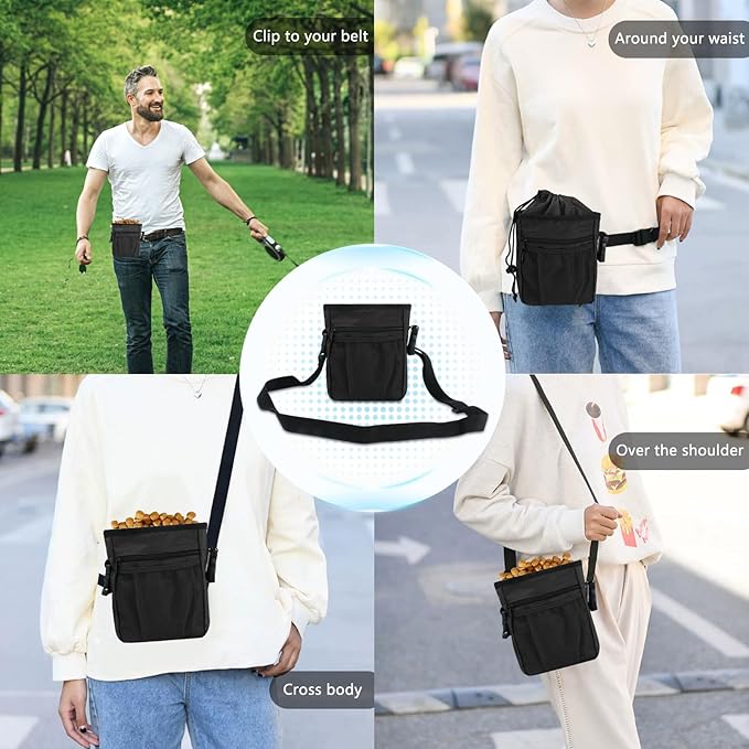 SZO Dog Treat Pouch - 3 Ways to Wear Treat Pouches for Pet Training, Dog Training Treat Pouch Bag and 2 Pieces Clicker Taining for Dogs with Waist Belt Shoulder Strap-Max Black