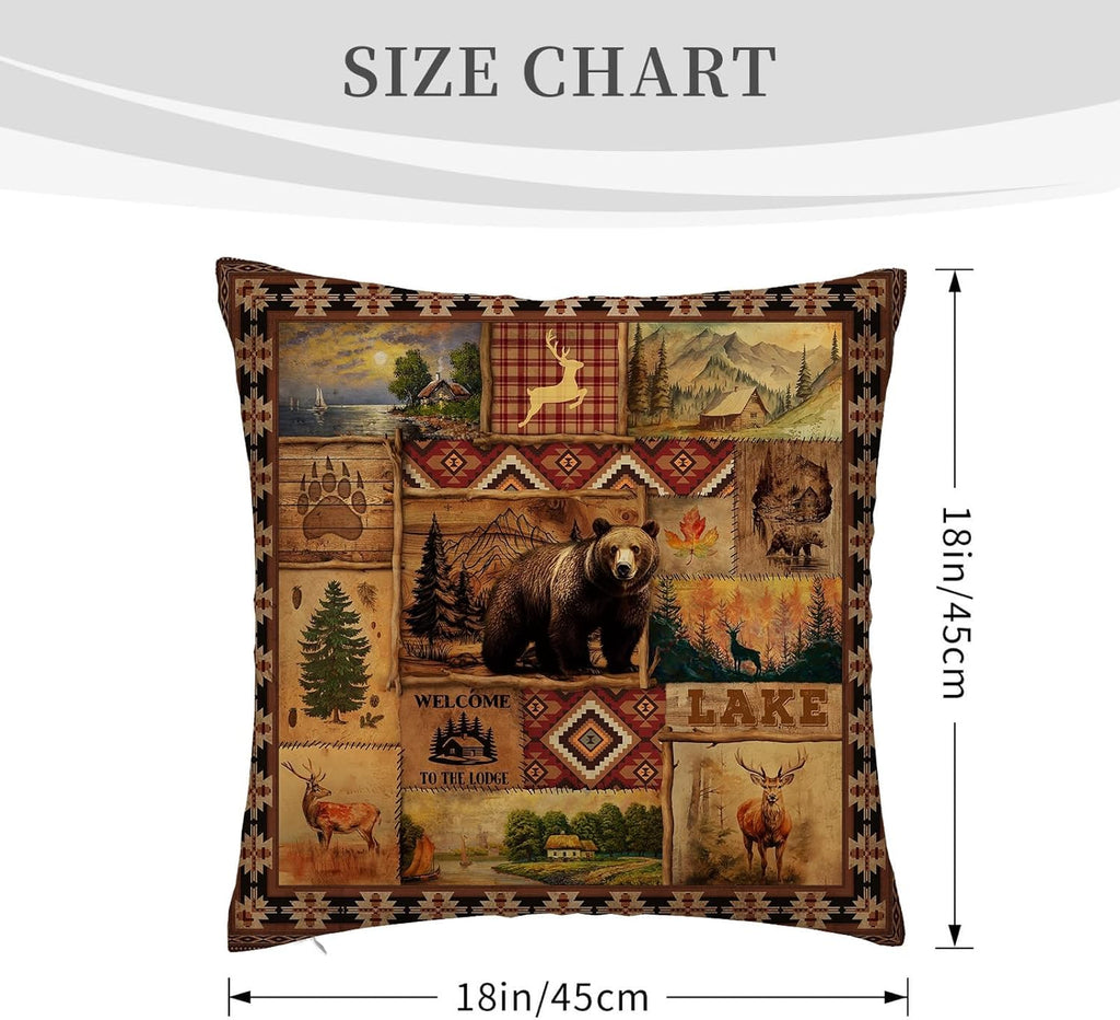 Vintage Rustic Lodge Bear Pillow Covers 18x18 Inch Set of 4, Farmhouse Cabin Throw Pillow Cases for for Couch Bed Sofa Chair Cushion Living Room Decor Brown Cabin Pillowcases