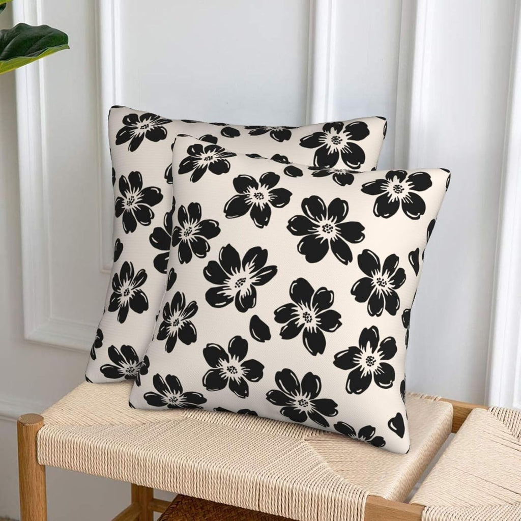 Decorative Black Floral Throw Pillow Covers 18 x 18 Inch Set of 2, Black Beige Lucky Flowers Cushion Cover Square Pillow Cases for Office Couch Sofa Bedroom Living Room Farmhouse Home Decor Cream
