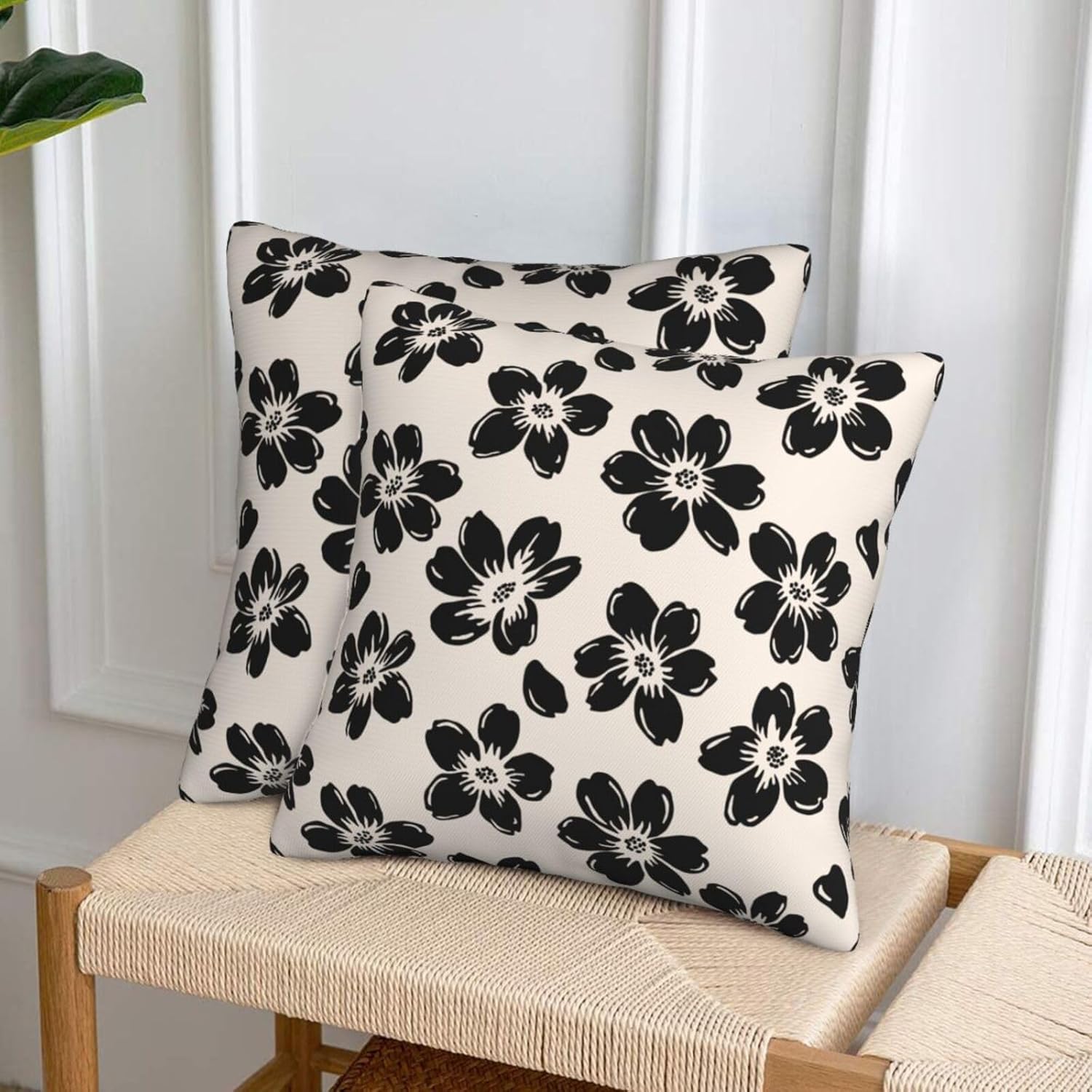 Decorative Black Floral Throw Pillow Covers 18 x 18 Inch Set of 2, Black Beige Lucky Flowers Cushion Cover Square Pillow Cases for Office Couch Sofa Bedroom Living Room Farmhouse Home Decor Cream