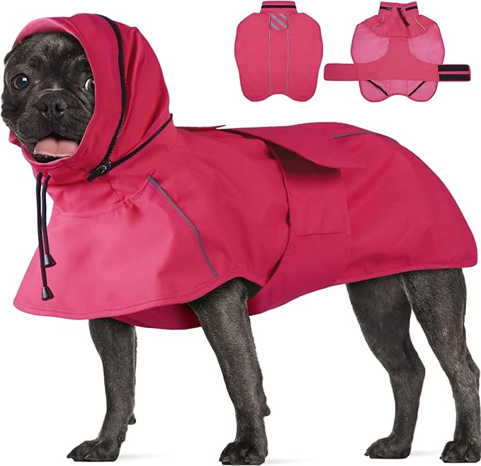 Large Dog Raincoat, Reflective Waterproof Rain Jacket with Convertible Hood/Collar, Lightweight Adjustable Dog Poncho with Leash Hole Full Coverage (Neon Pink, L)