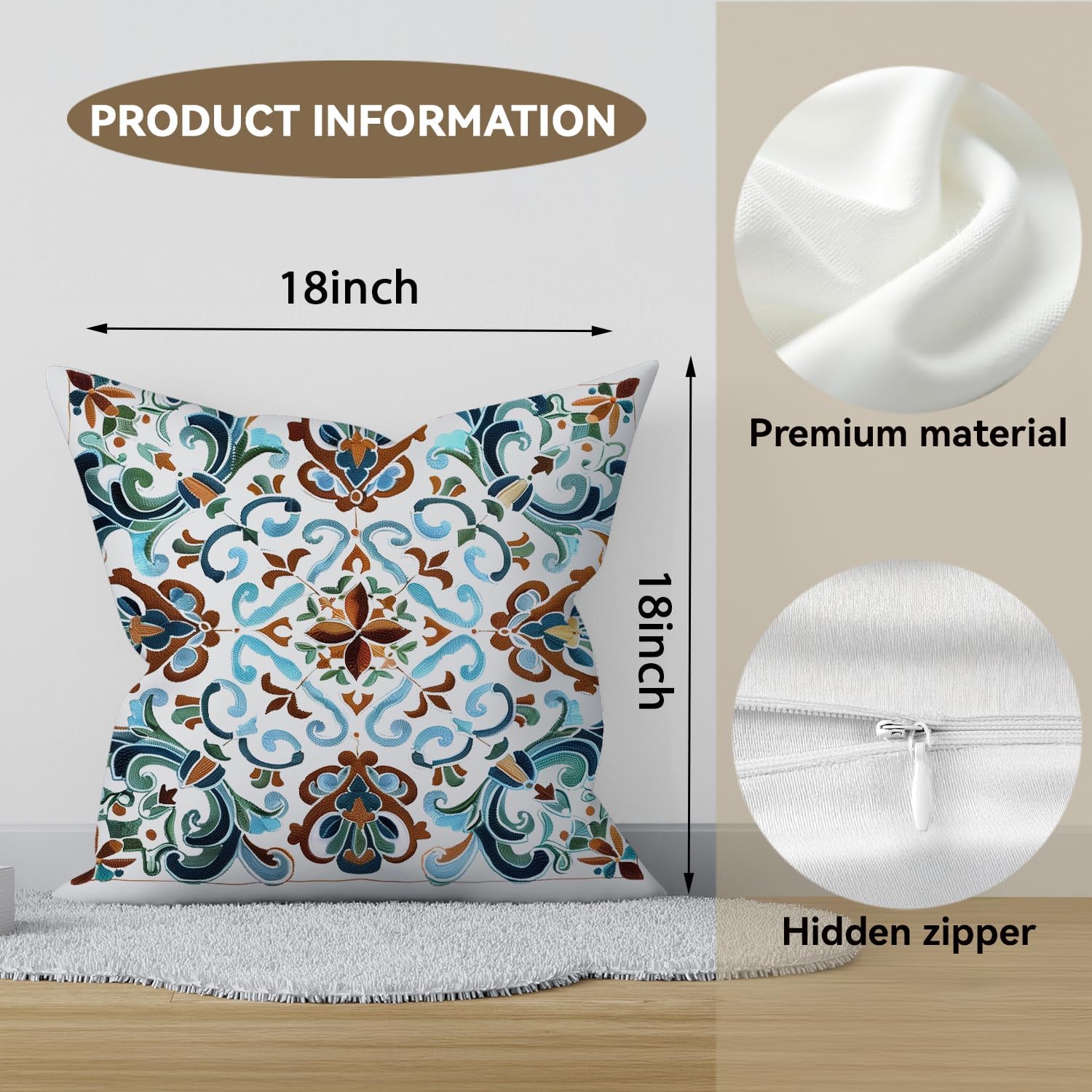 Vintage Boho Floral Print Throw Pillow Cover, Orange, Blue - Retro Rust Floral Decor Pillowcase, Indoor Outdoor Cushion Case for Sofa Couch Bed Living Room Bedroom Home (White&Blue, 18x18inch)