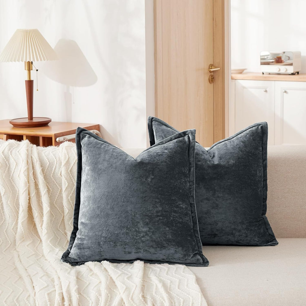 Luxurious Velvet Euro Shams Decorative Throw Pillow Covers 26x26 Set of 2 Solid Square Euro Pillow Shams for Sofa Couch Bedroom, Blue Gray