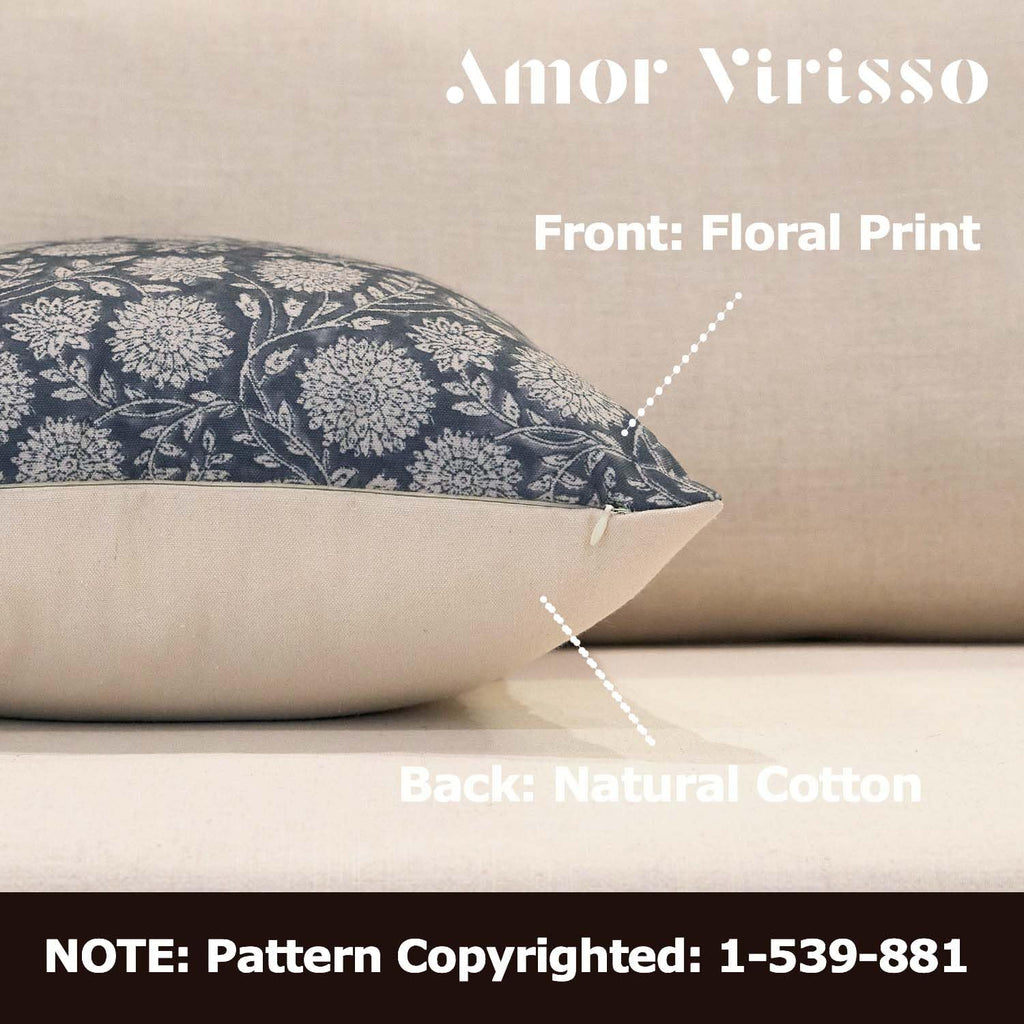 Amor Virisso Floral Pillow Covers 20x20 Throw Pillow Covers Vintage Block Print Pillow Cover Neutral Couch Pillows for Living Room Farmhouse Decorative Accent Sofa Pillows, Dusty Blue