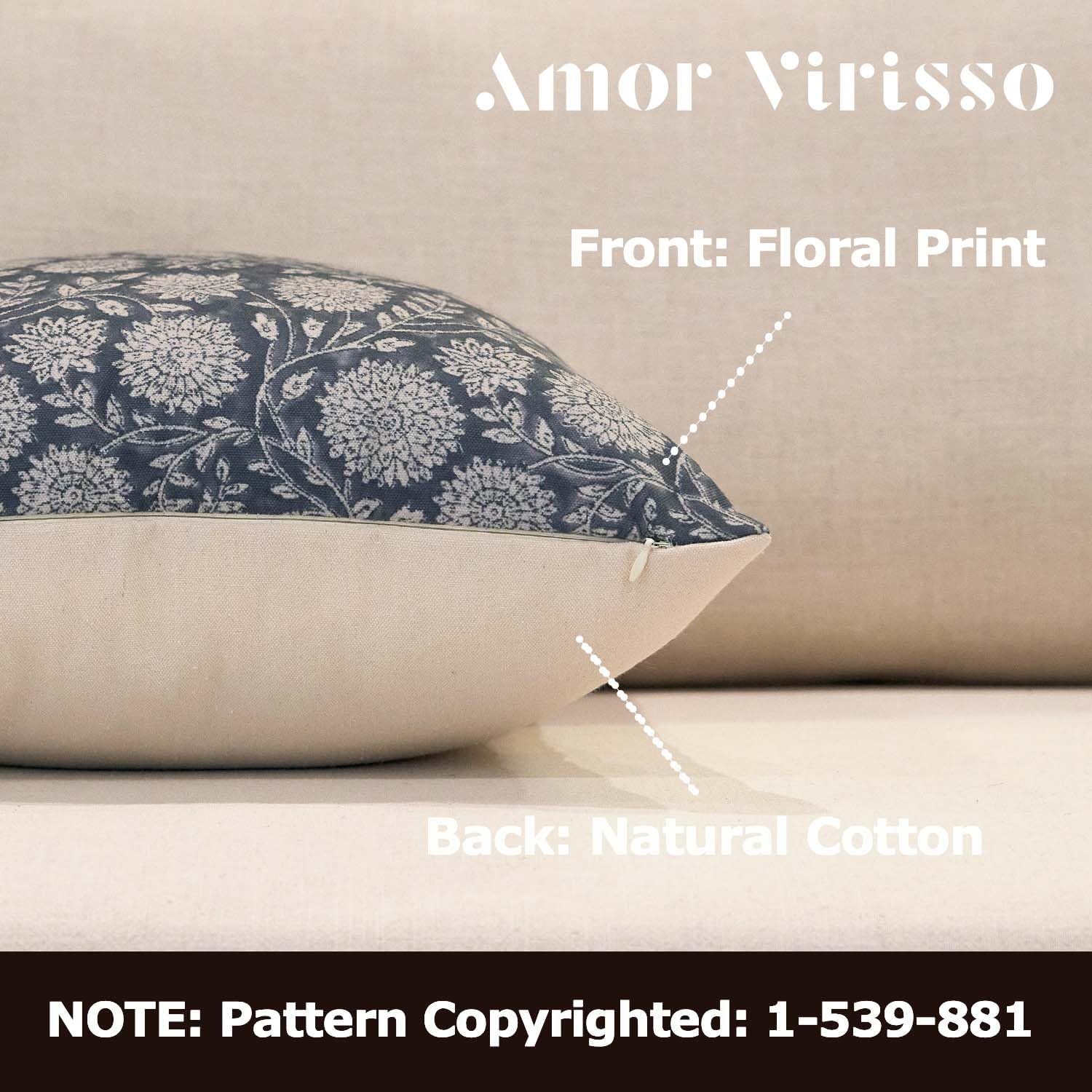 Amor Virisso Floral Pillow Covers 20x20 Throw Pillow Covers Vintage Block Print Pillow Cover Neutral Couch Pillows for Living Room Farmhouse Decorative Accent Sofa Pillows, Dusty Blue