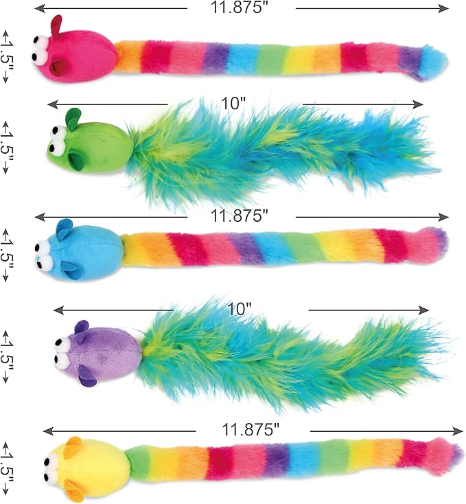 5 Pack Interactive Catnip and Feather Cat Toys, Multi-Colored Mice with Long Feather Tail, Accessories for Indoor Cat, Catnip Plush Toys with Natural Feathers and Rattles