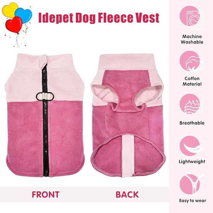 Idepet Dog Fleece Vest Sweater Zip Up Warm Pullover Dogs Jacket with D-Ring Leash Winter Cold Weater Coat Pet Sweatershirt Clothes Hoodie for Small Medium Dogs Boy Girl (Pink/Rose Red, XS)