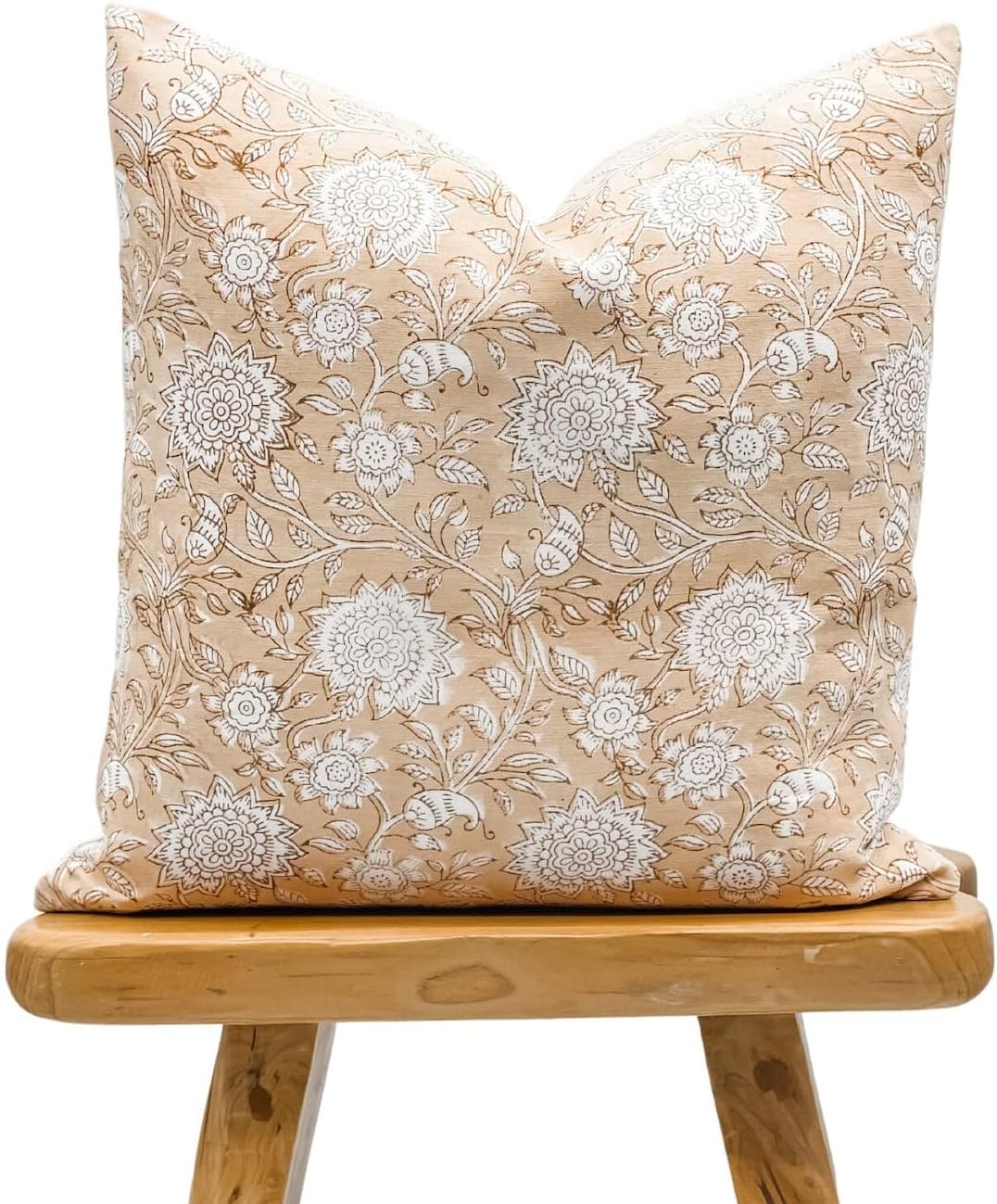 Designer Floral Warm Beige Tan on Off White Linen Pillow Cover, Peachy Pillow Cover, Boho Pillow, Neutral Pillow Cover, Floral Pillow Cover (Warm Beige Tan, 12x18)