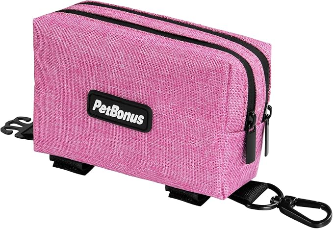 PetBonus Dog Poop Bag Holder, Portable Pet Waste Bag Dispenser, 2 Pouches for Treats and Walking Accessories, Fit All Leashes, Includes 1 Roll of Dog Poop Bags (Pink)
