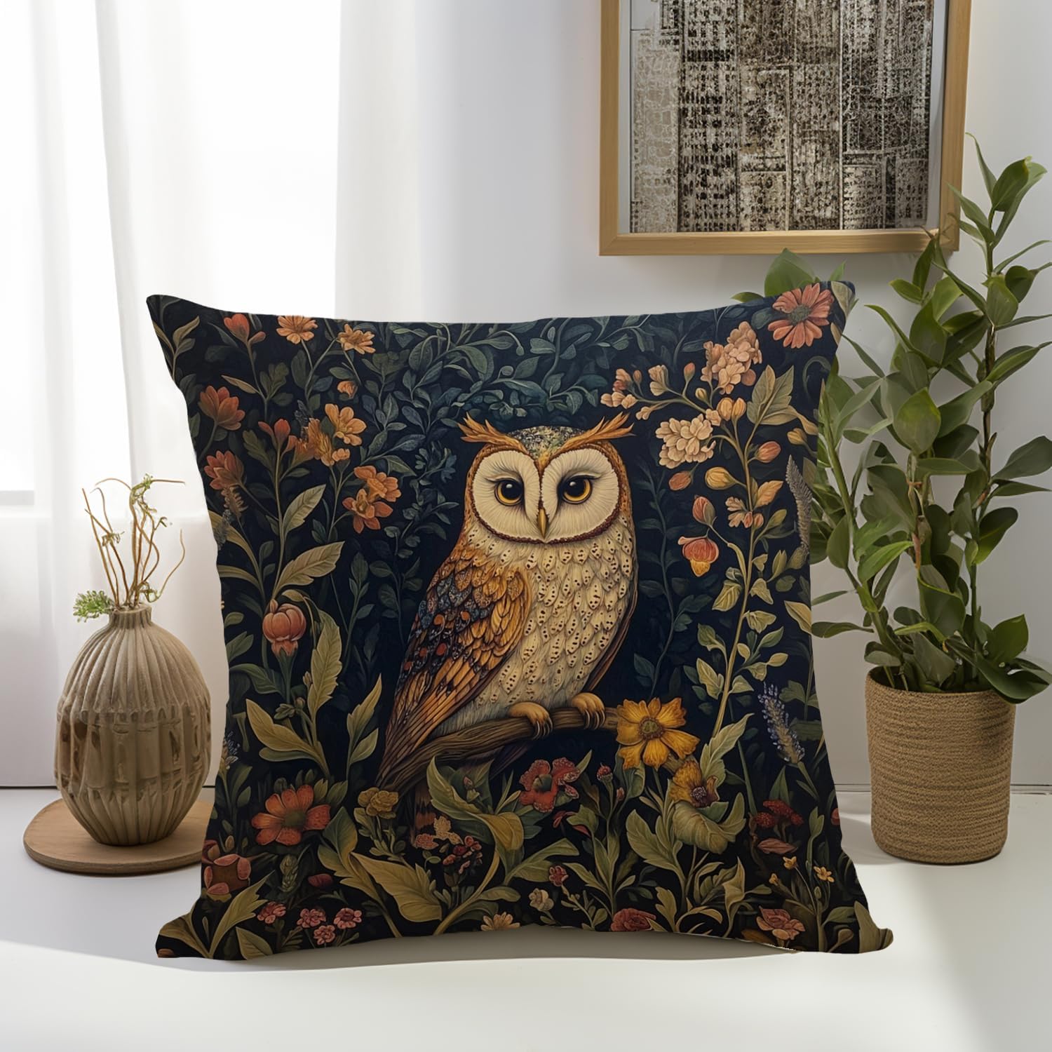 YOU FOUND ME William Morris Abstract Vintage Floral Velvet Owl Design Throw Pillow Covers Home Decor, Retro Art Deco Pillowcase Cushion Cover for Bed Sofa Living Room, Square 18x18inch (Brown-Owl)