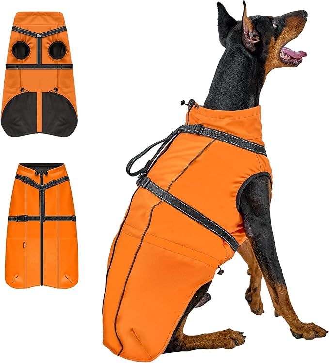 OneTigris Dog Coat with Harness - Reflective Adjustable Coats for Medium and Large Dogs, Waterproof Warm Winter Coat, Soft Heavy Fleece Lining with Back Zipper Dog Jackets