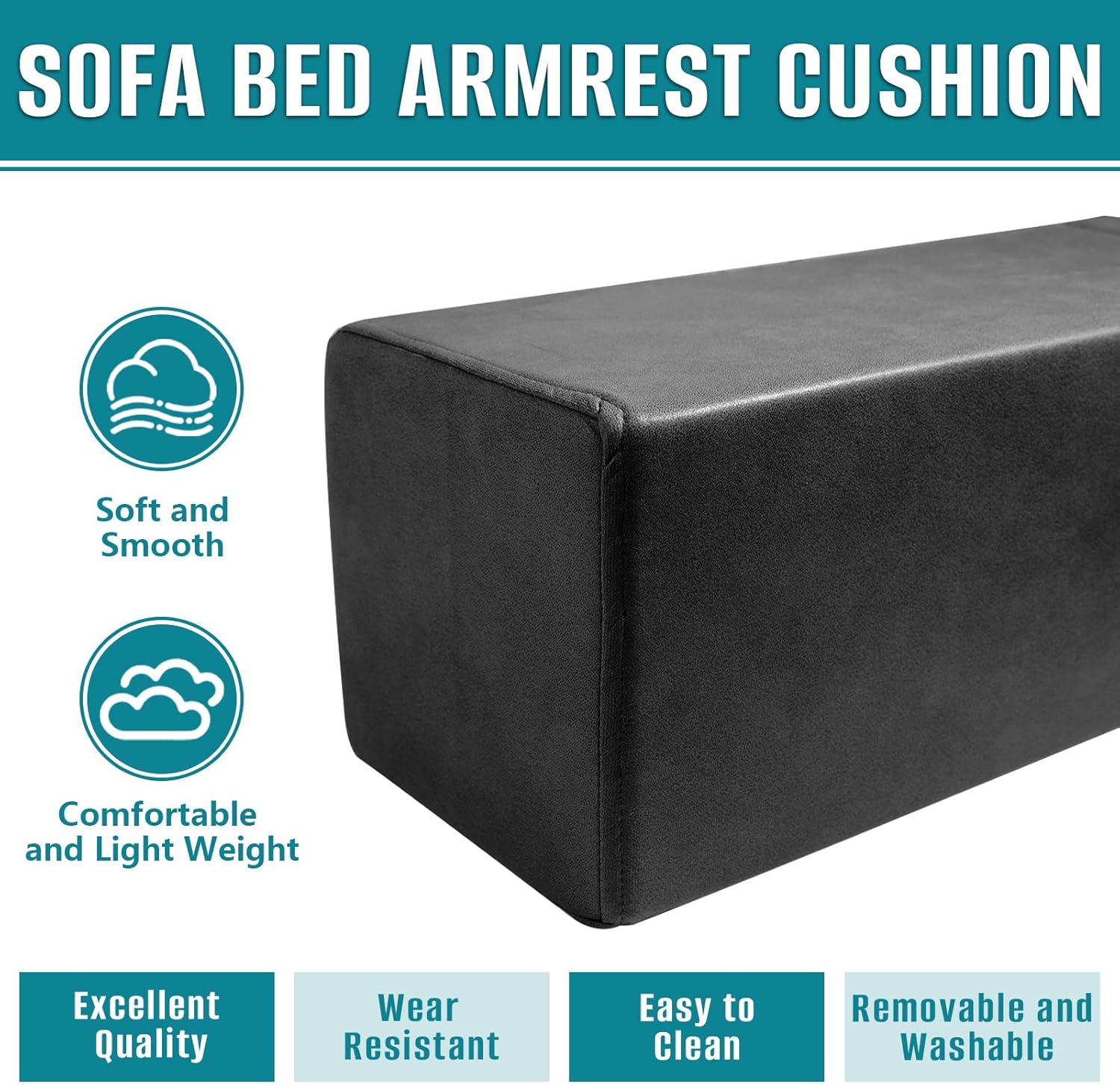 2 Pack Couch Arm Rest Pillow, 8''x8''x20'' Faux Leather Waterproof Cover, High Density Foam Armrest Cushion, Removable & Washable Elbow Support for Sofa, Bed, and Armchair (Black)