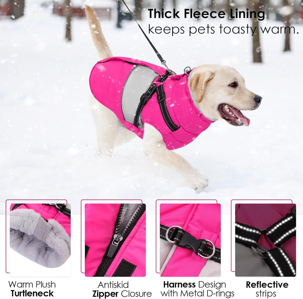 AOFITEE Dog Coat, Large Dog Jacket, Dogs Coat with Harness Built in, Reflective Waterproof Dogs Jackets Winter with Furry Collar, Warm Polar Fleece Pet Sweater Snowsuit for Doberman, Great Dane, XXL