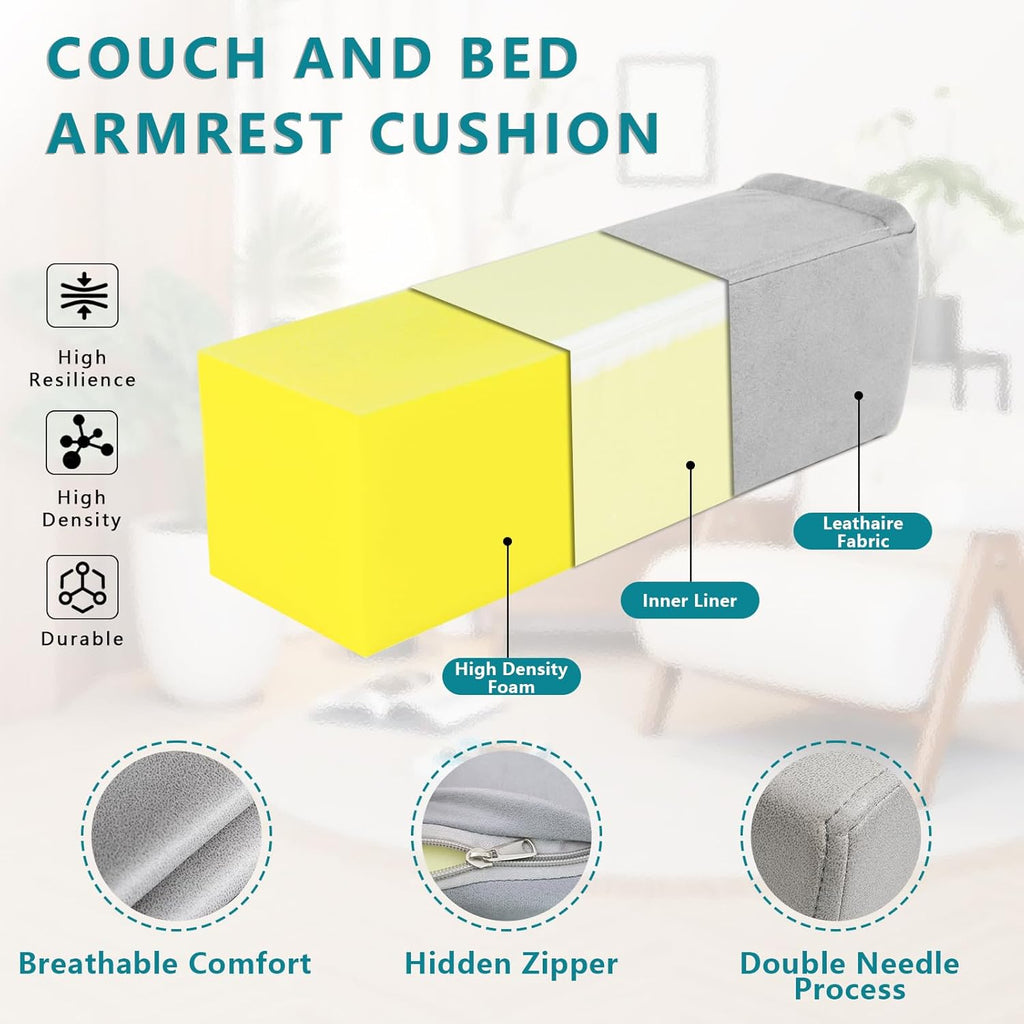 2 Pack Couch Arm Rest Pillow, 6''x6''x20'' Faux Leather Waterproof Cover, High Density Foam Armrest Cushion, Removable & Washable Elbow Support for Sofa, Bed, and Armchair (Medium Grey)