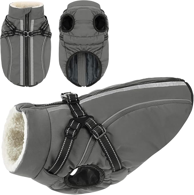 Dog Winter Coat with Harness Built in Warm Puffer Dog Jackets for Small Medium Large Dogs Windproof Waterproof Outfit with Plush Lining and Reflective Stripes (Grey, S)