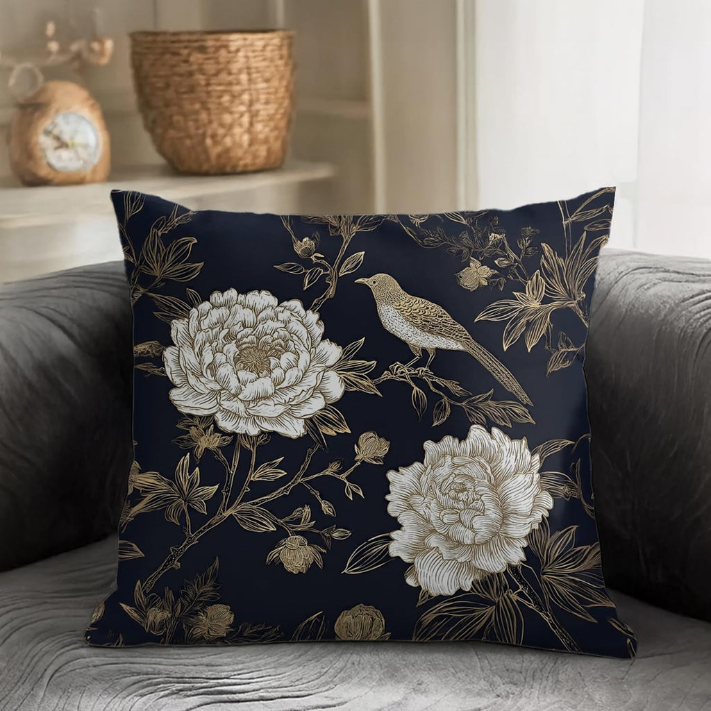 Vintage Floral Throw Pillow Covers, Vintage Flower Pattern Double Sided Cushion Cover, Indoor and Outdoor Home Art Decor Pillowcase for Sofa or Bedroom Decor 18x18inches (Flower&Bird, 18x18inches)