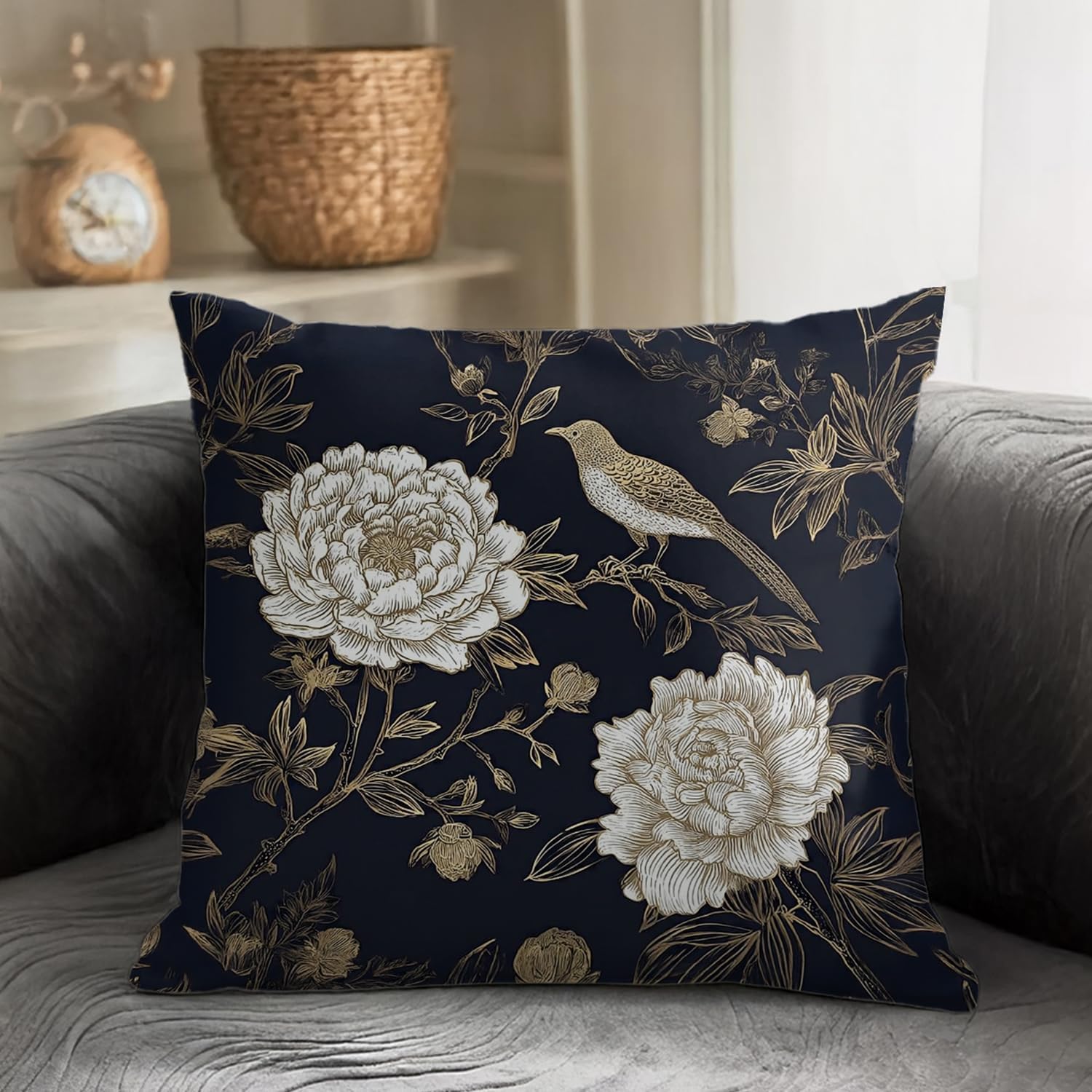 Vintage Floral Throw Pillow Covers, Vintage Flower Pattern Double Sided Cushion Cover, Indoor and Outdoor Home Art Decor Pillowcase for Sofa or Bedroom Decor 18x18inches (Flower&Bird, 18x18inches)