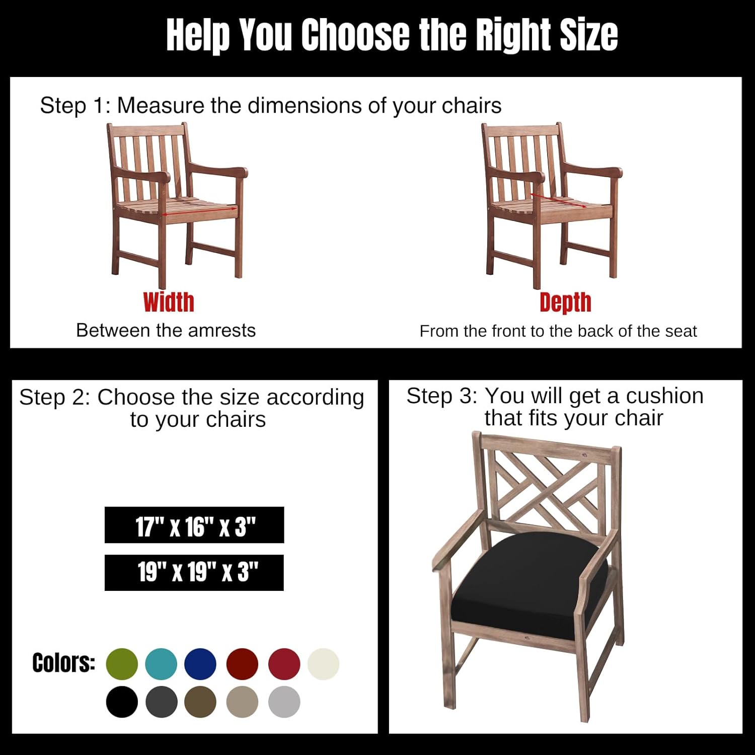 idee-home Outdoor Chair Cushions Set of 2, Thick 19" x 19" x 3" Outdoor Seat Cushions Patio Furniture Waterproof with Ties, Dining Pads