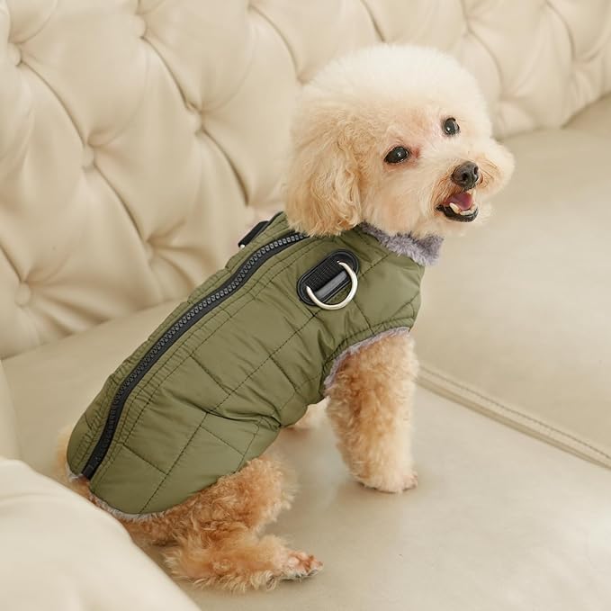 Warm Fleece Dog Coats with Durable Harness Buitl in D-Ring,Waterproof Doggie Jacket for Medium Dogs,Dog Vest for Cold Winter,Green L
