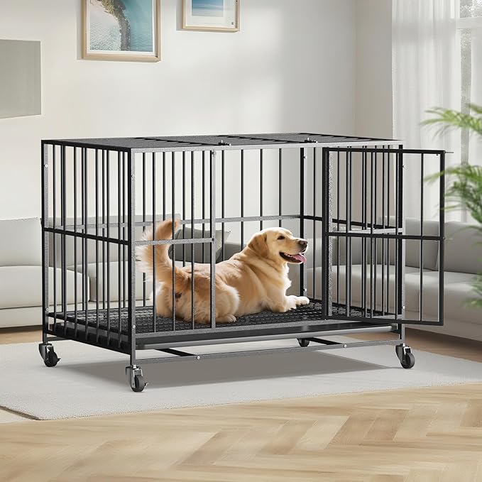 38 in Heavy Duty Dog Crate Steel Escape Proof, Indoor Double Doors and Lockable Wheels,Removable Tray, for Small and Medium Dog Breeds