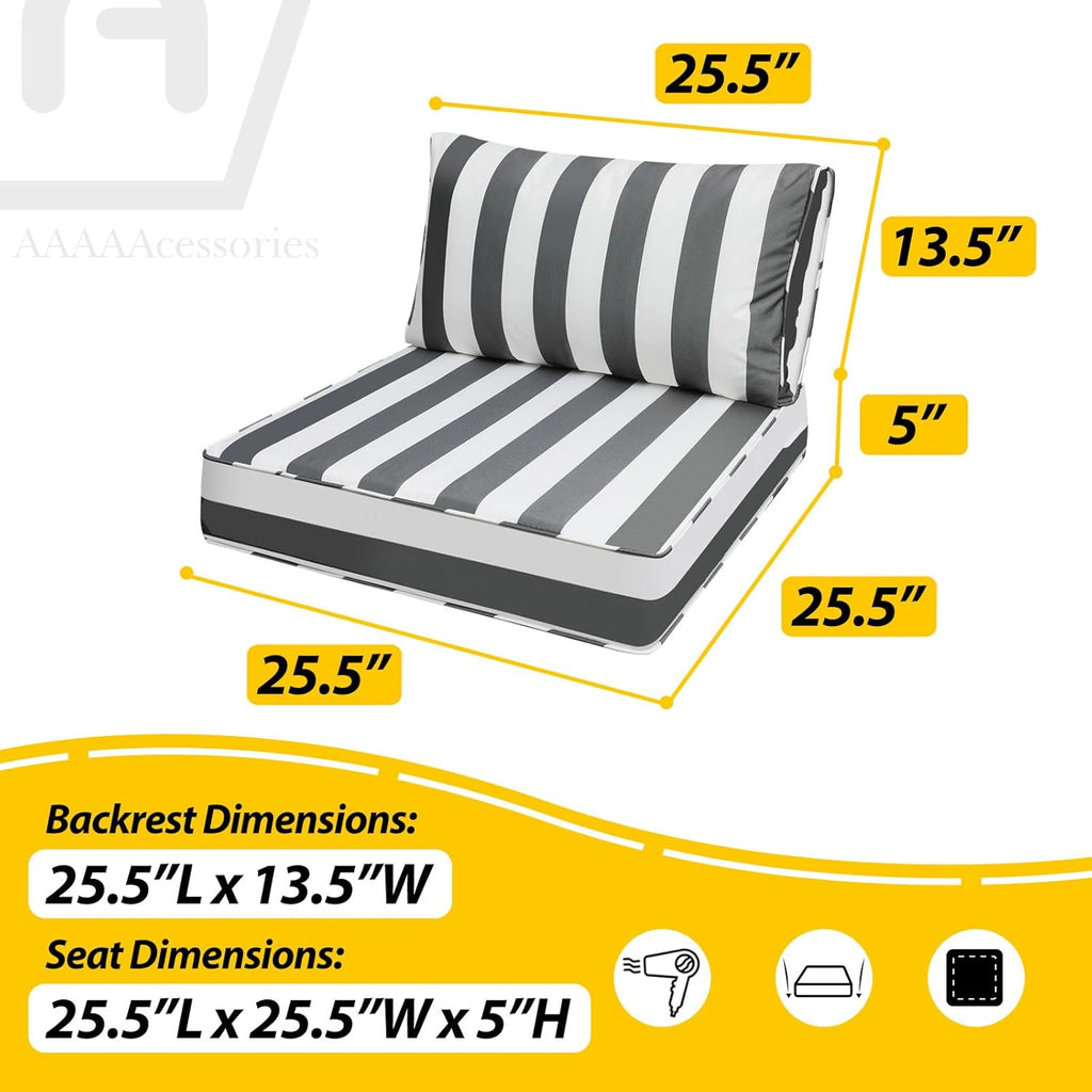 AAAAAcessories Outdoor Deep Seat Cushions, Waterproof, Fade-Resistant Patio Furniture Replacement Cushions, 25.5" x 25.5" x 5" + 25.5" x 13.5", Set of 2, Gray Cabana Stripe