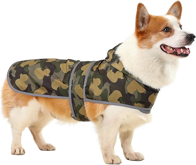 Dog Raincoat for Medium Dogs Waterproof Hooded Rain Jacket with Reflective Strips Leash Hole & Poncho Adjustable Fit (CamoDuck,L)