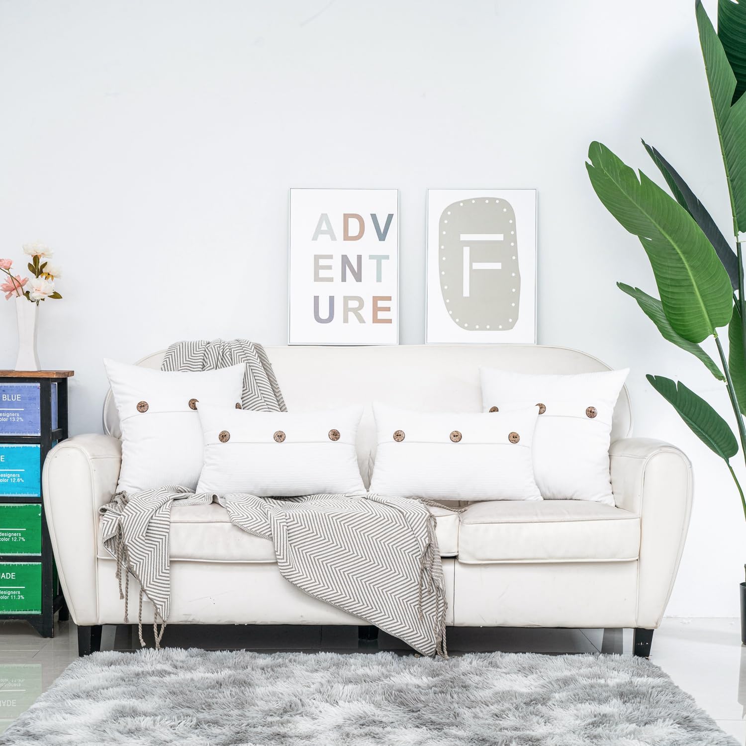 HWY 50 White Chenille Throw Pillow Covers 20x20 Inch with Triple Buttons, Soft Farmhouse Accent Decorative Cushion Cases for Couch Sofa Bed Living Room Pack of 2