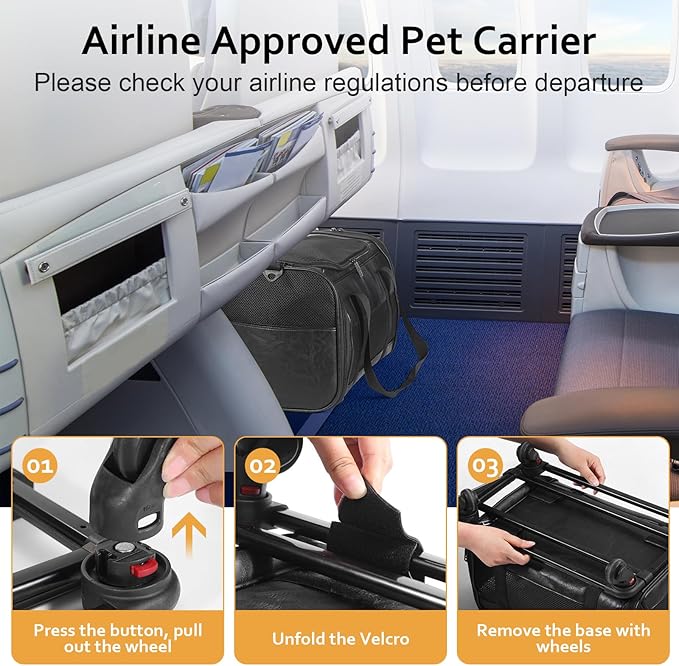 Airline Approved Pet Carrier with Wheels, Rolling Soft Sided Dog Cat Travel Bag, Premium Fashion Leather Small Pet Carrier Purse for Puppies and Cats Black