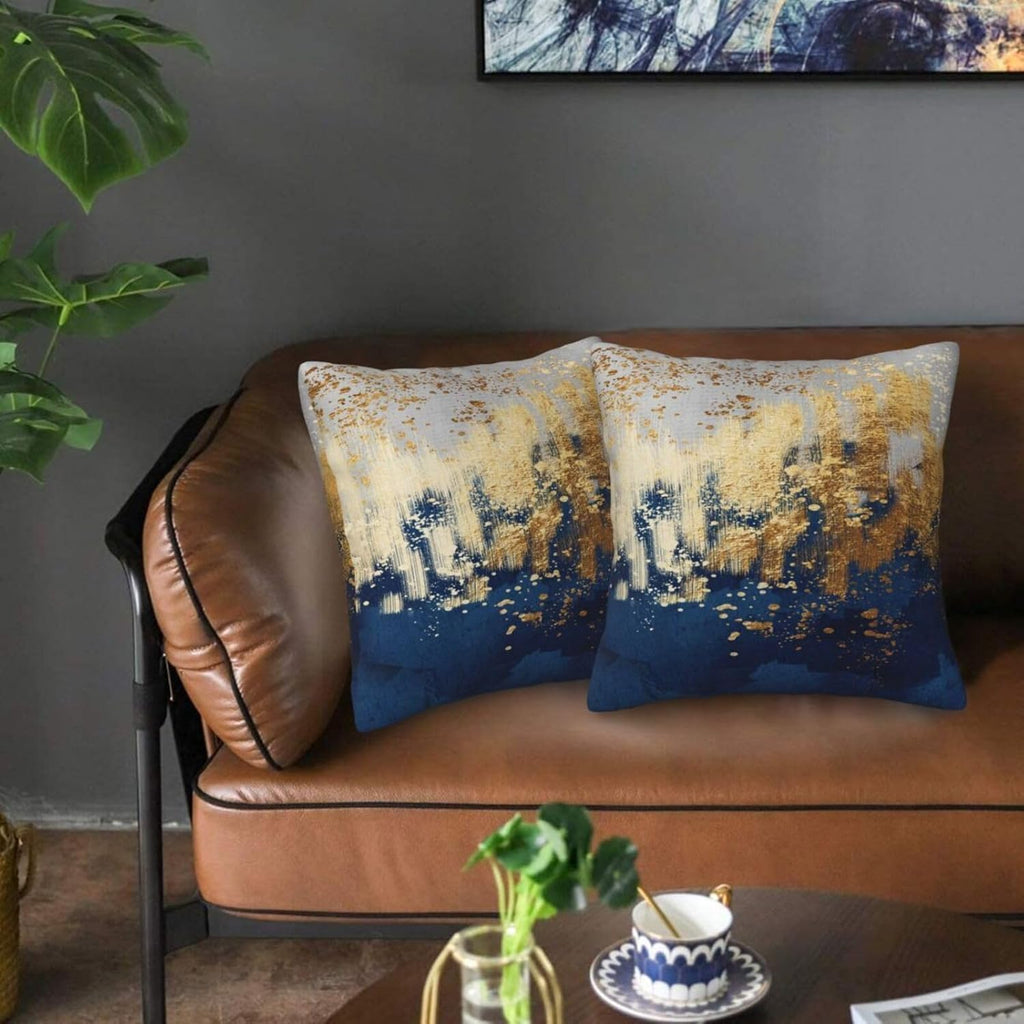 Navy Blue and Gold Pillow Covers 18 x 18 inch Set of 2 Decorative Cushion Covers Blue and Gold Square Pillowcases for Bedroom Sofa Home Decor