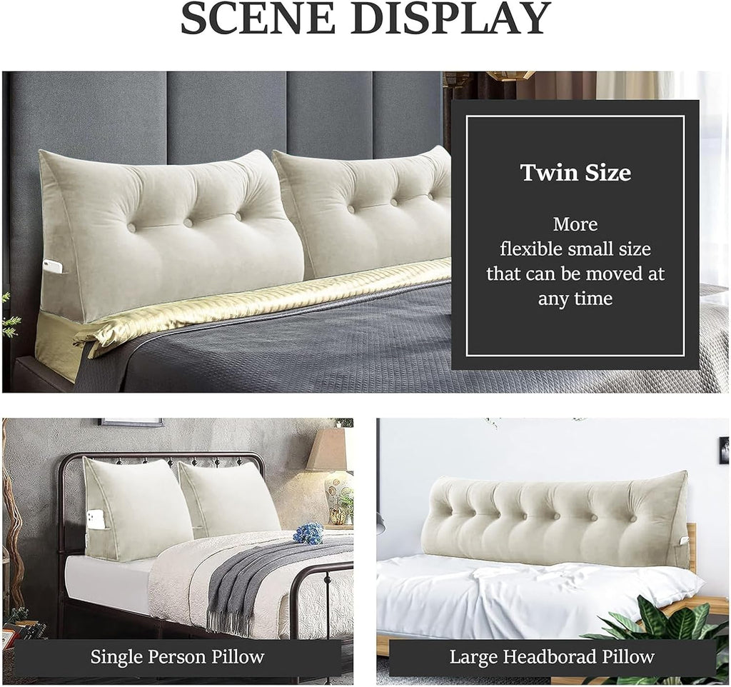 Bed Wedge Headboard Pillow - College Dorm Reading Pillow Back Support While Sitting in Bed - Ergonomic Lumbar Pillow Body Positioning Bed Pillow - Velvet Beige 54IN