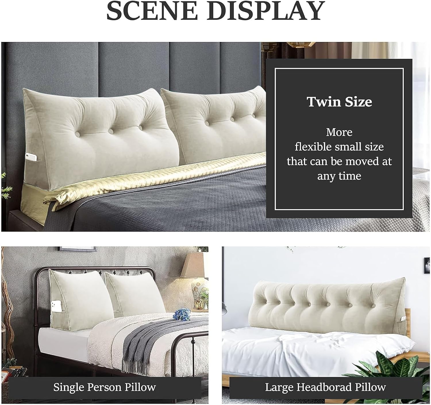 Bed Wedge Headboard Pillow - College Dorm Reading Pillow Back Support While Sitting in Bed - Ergonomic Lumbar Pillow Body Positioning Bed Pillow - Velvet Beige 76IN