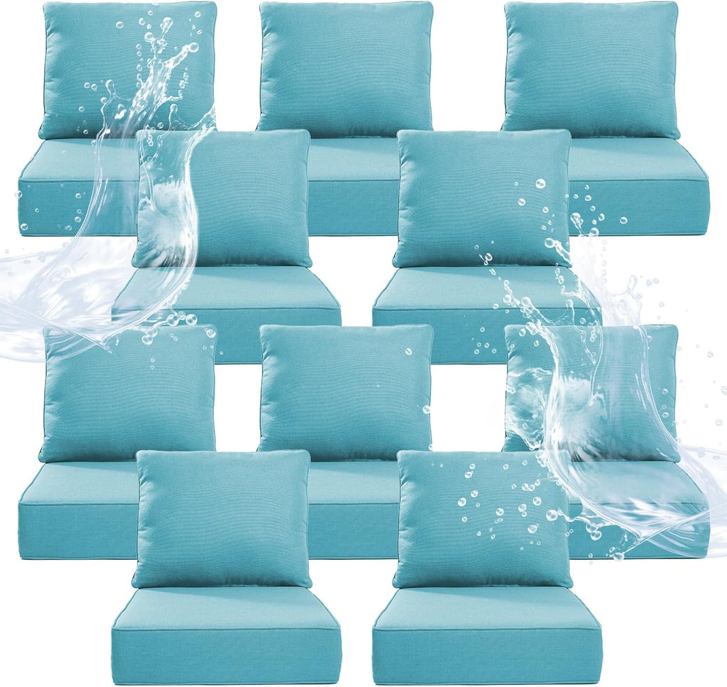 6" Thicker Outdoor Chair Cushion 10 Sets - 24" *24" *6" Waterproof Patio Furniture Cushions with Removable Cover, 28D High Density Sponge Filling Thicken Outdoor Patio Cushions - Turquoise