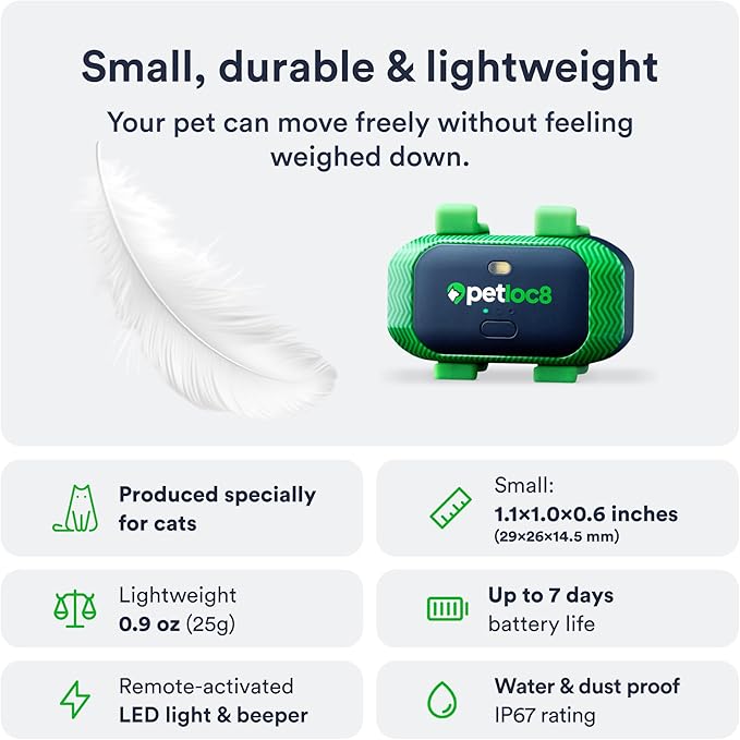 Cat GPS Tracker – Smallest Waterproof Pet Tracking Device with App, Real-Time Location, Smart Alerts & Geo-Fence, Long-Life Battery, Collar-Compatible – iOS & Android (Subscription Required)
