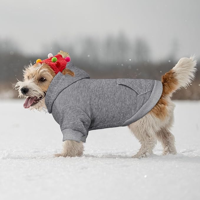 Solid Soft Brushed Fleece Dog Sweater & Hoodie with Pocket (Grey-S)