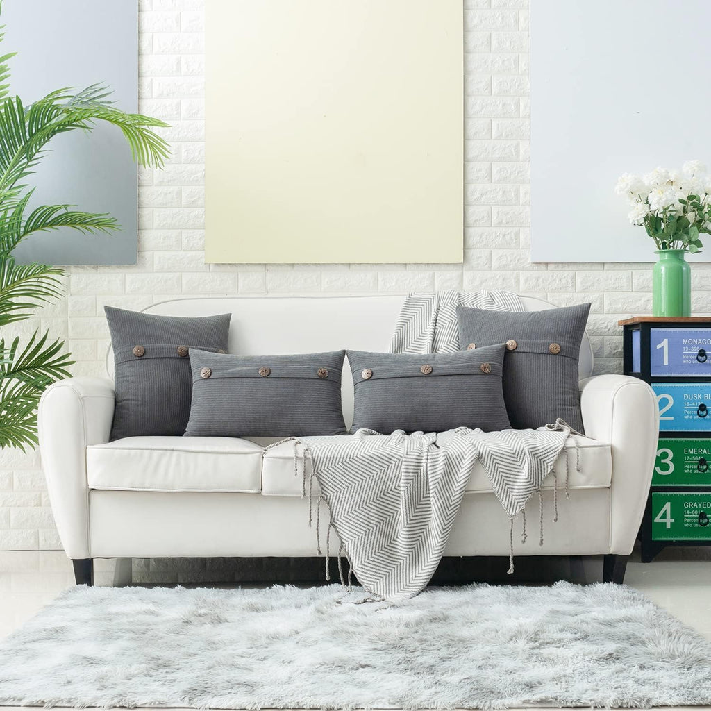 HWY 50 Gray Grey Chenille Throw Pillow Covers 16x16 Inch with Triple Buttons, Soft Farmhouse Accent Decorative Cushion Cases for Couch Sofa Bed Bedroom Pack of 2