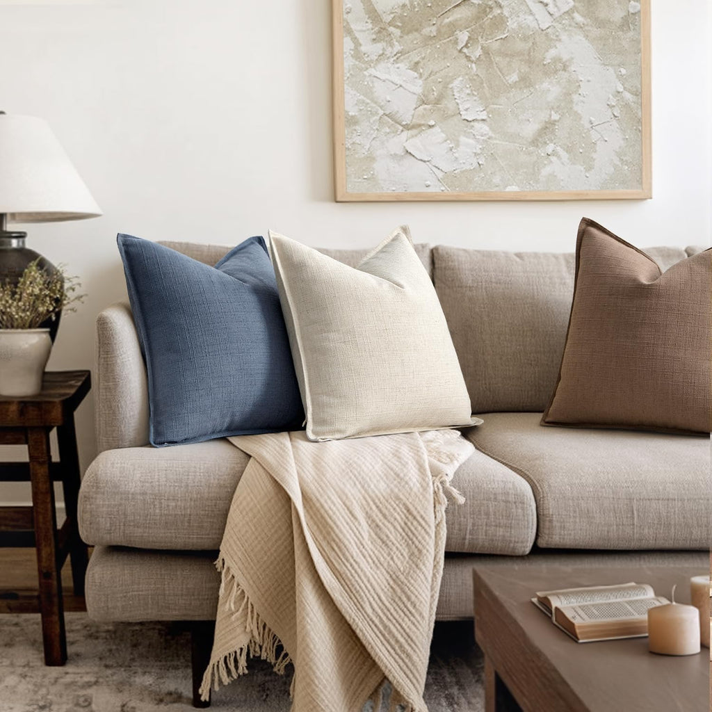 MIULEE Decorative Pillow Covers 16x16, 2 Pack Boho Farmhouse Neutral Throw Pillows for Couch, Thick Textured Modern Linen Cushion Cases Sofa Bed Living Room Home Decor, Cream White