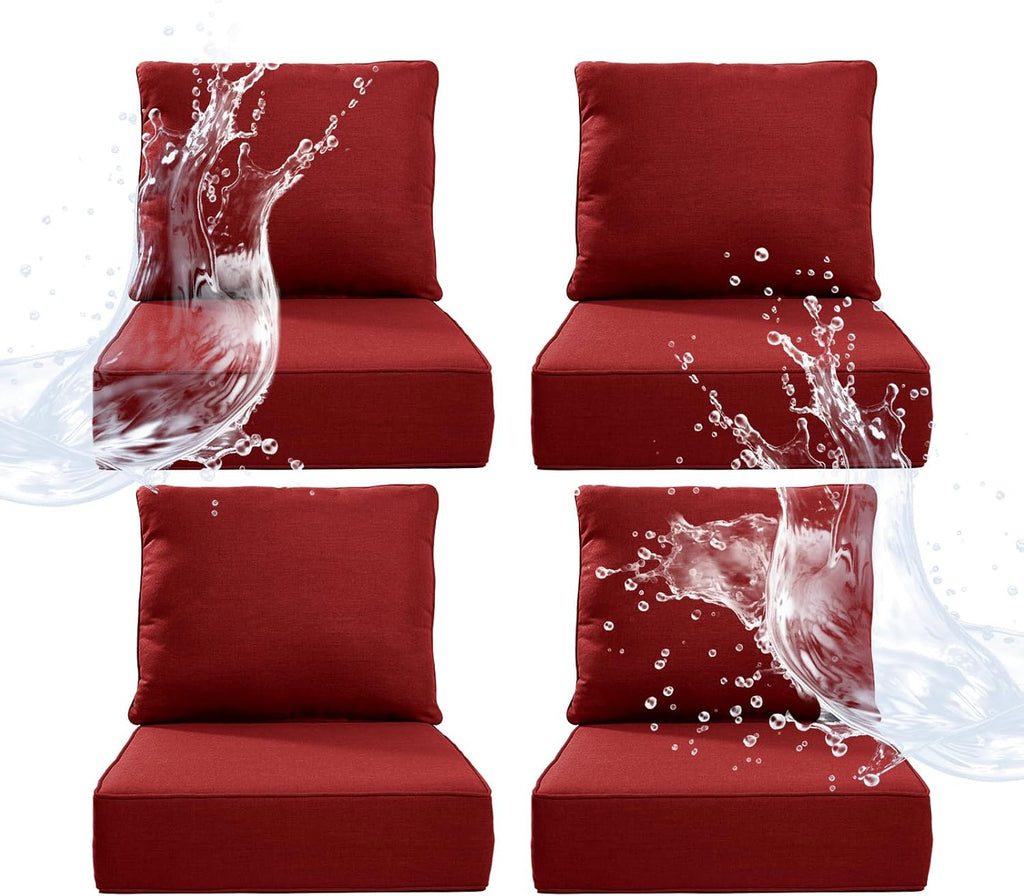 6" Thicker Outdoor Chair Cushion 4 Sets - 24" *24" *6" Waterproof Patio Furniture Cushions with Removable Cover, 28D High Density Sponge Filling Thicken Outdoor Patio Cushions - Red
