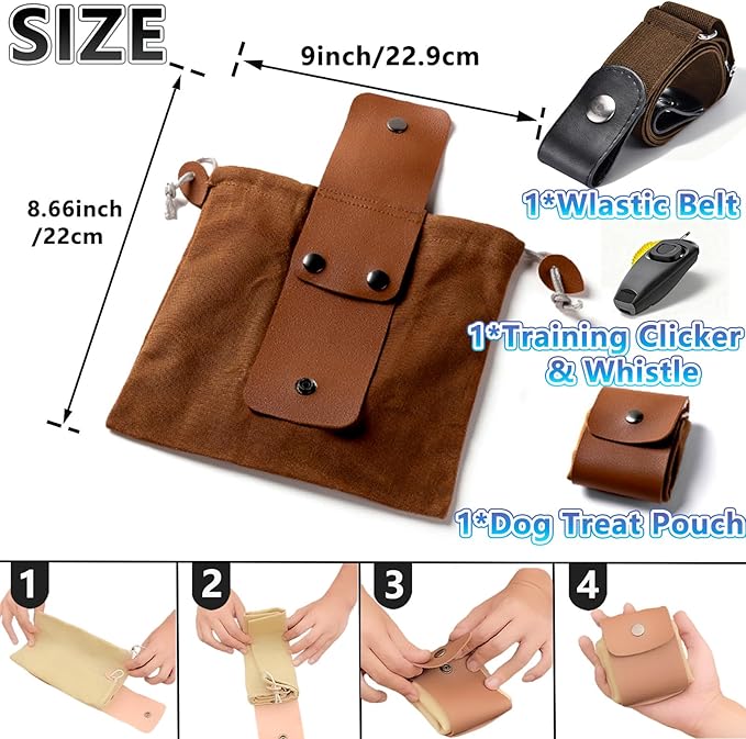 Dog Treat Pouch with Training Clicker & Whistle - Stylish & Portable Large-Capacity Foldable Pet Training Pouch with Wlastic Belt for Outdoor Use/Pet Training (Brown)