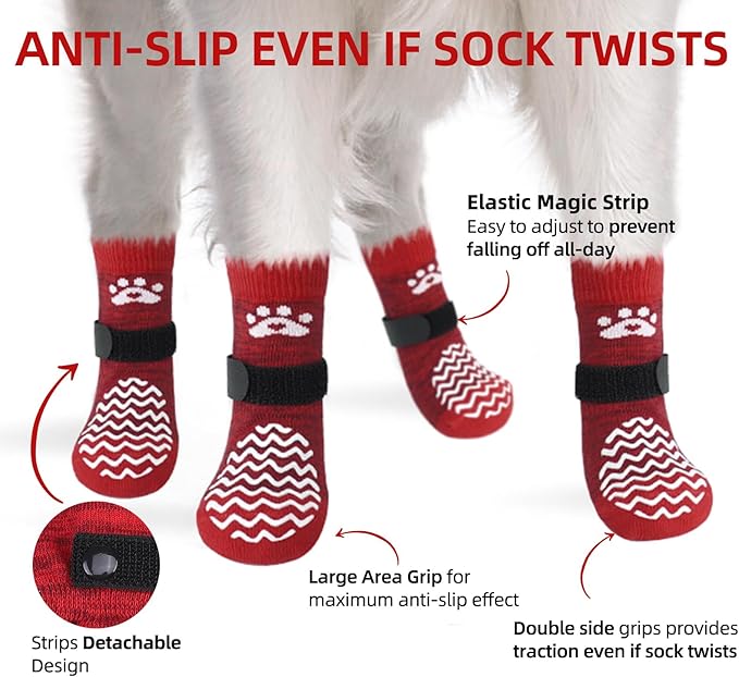 PUPTECK Anti Slip Dog Socks 2 Pairs with Double Grippers for Hardwood Floors, Shoes for Hot/Cold Pavement, Boots & Paws Protectors to Prevent Licking, Traction Booties for Senior Small Large Dogs
