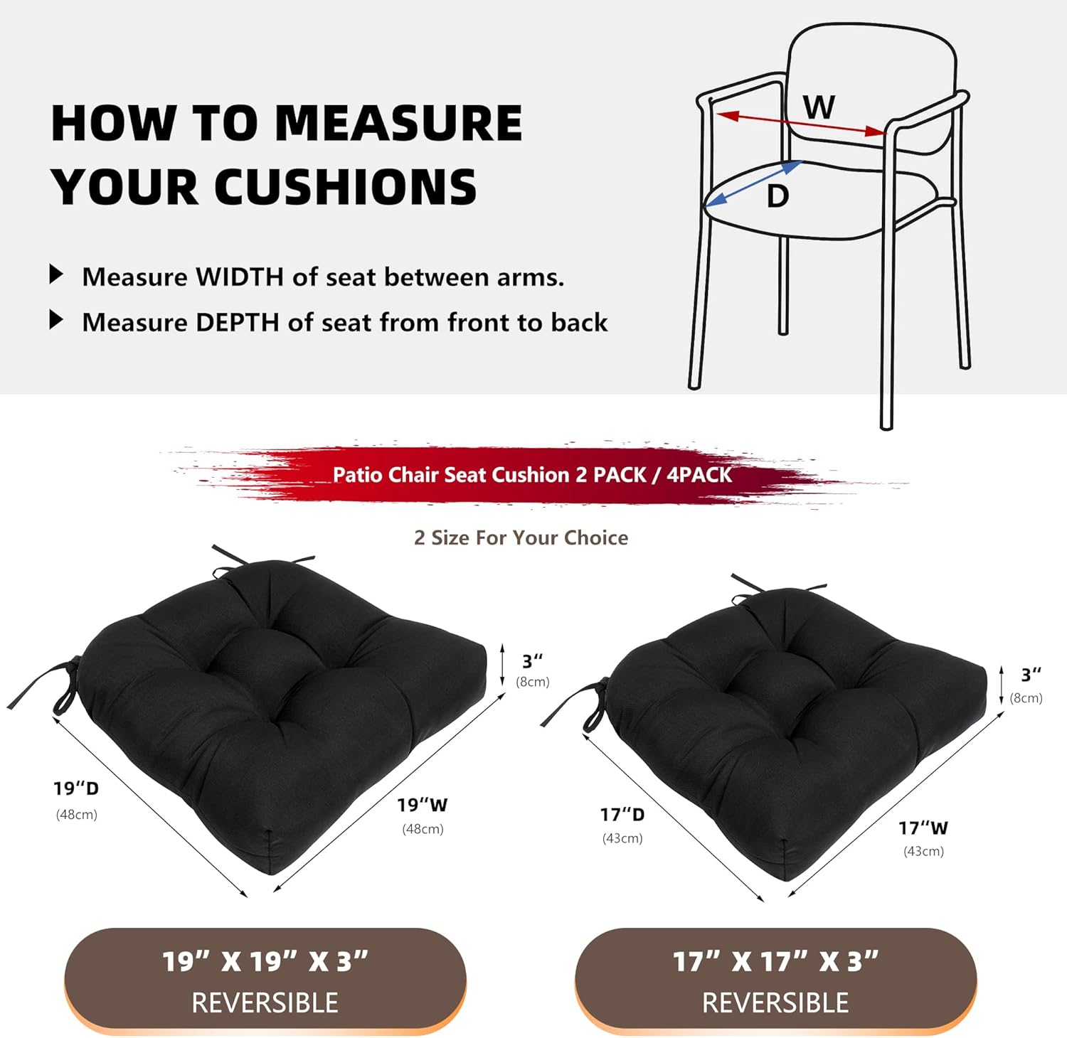 RACE LEAF Patio Chair Cushions 19x19 Inch 4 Pack, Thickened Outdoor Cushions Water Resistant Stain Resistant Non-Slip Ties (Black)