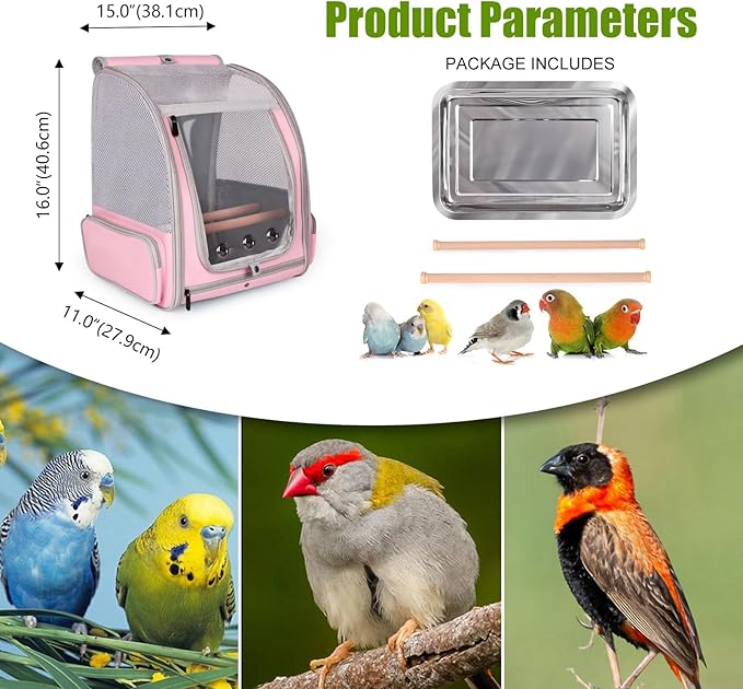 Parrot Carrier Backpack for Small to Medium Bird, Bird Travel Carrier Cage with Standing Perches and Metal Tray, Breathable Portable Transport Bag for Parakeet, Budgie, Conure, Cockatiel, Parrot