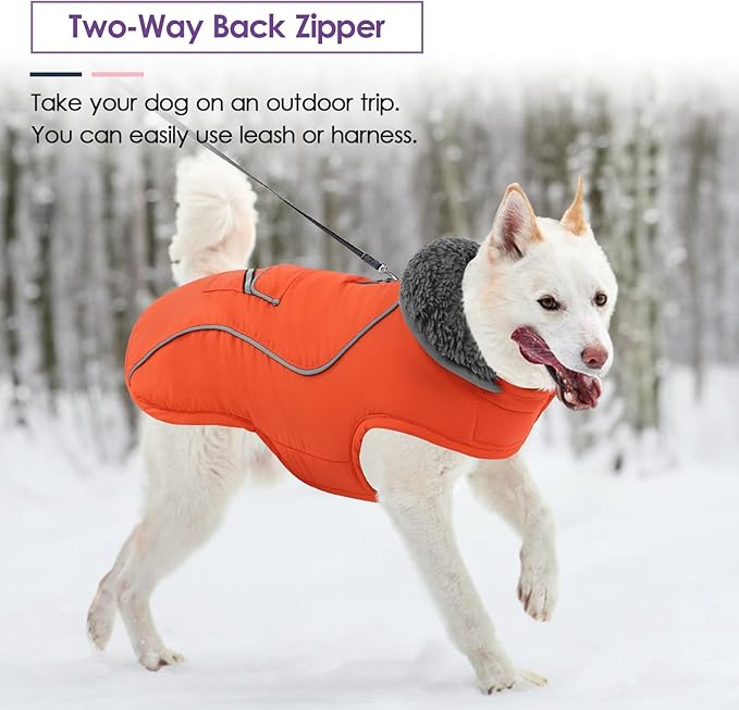 SUNFURA Dog Coat, XXXL Dog Winter Jacket, Reflective Fleece Snow Coat with Furry Collar, Waterproof Pet Puffer Jacket for Great Dane Extra Large Dogs, Orange 3XL