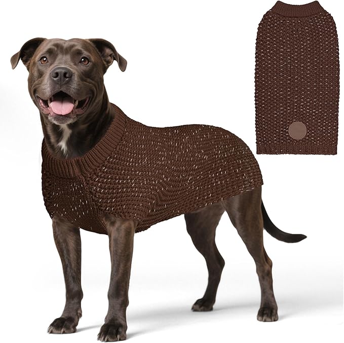 KYEESE Dog Sweater for Large Dogs with Leash Hole Warm Pullover with Reflective Yarn Male Thick Stretchy Knitwear Winter Soft Pet Coat boy for Cold Weather Comfy Dog Sweaters, Khaki, XX-Large