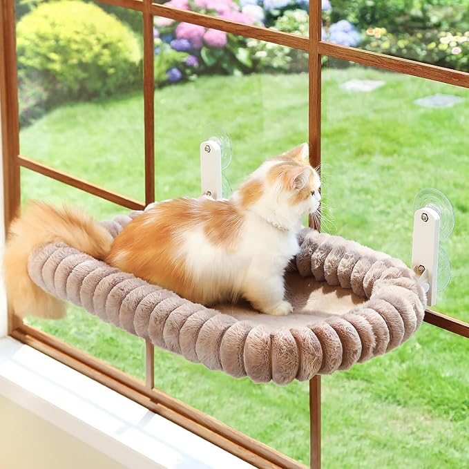 Zakkart SnugCloud Foldable Cat Window Perch - Cordless, Ultra Soft Machine Washable Bed with 4-Sided Bolster, Metal Frame - Window Hammock for Large Cats and Kittens (Brown, Large)