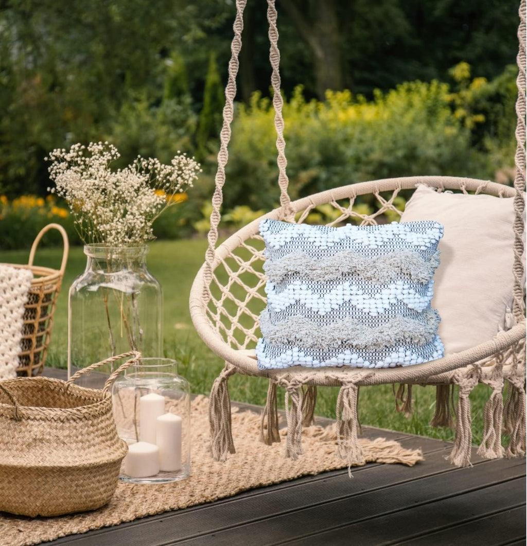 Throw Boho Pillow Cover, 18”x18” Bohemian Moroccan Rustic Decorative Pillows with Tufted Accents, Plush Handwoven Cotton, Textured Woven Neutral Farmhouse Scandinavian Home Decor (no Insert)