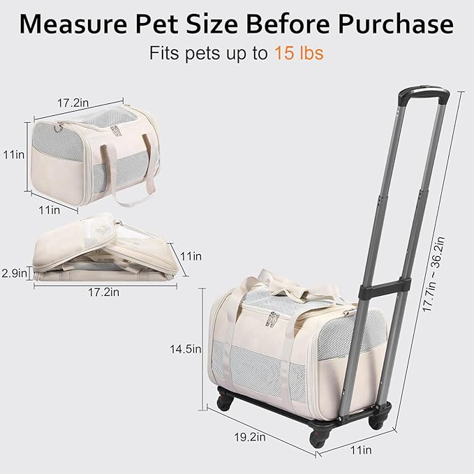 Airline Approved Pet Carrier with Wheels, Rolling Soft Sided Dog Cat Travel Bag, Premium Fashion Leather Small Pet Carrier Purse for Puppies and Cats White