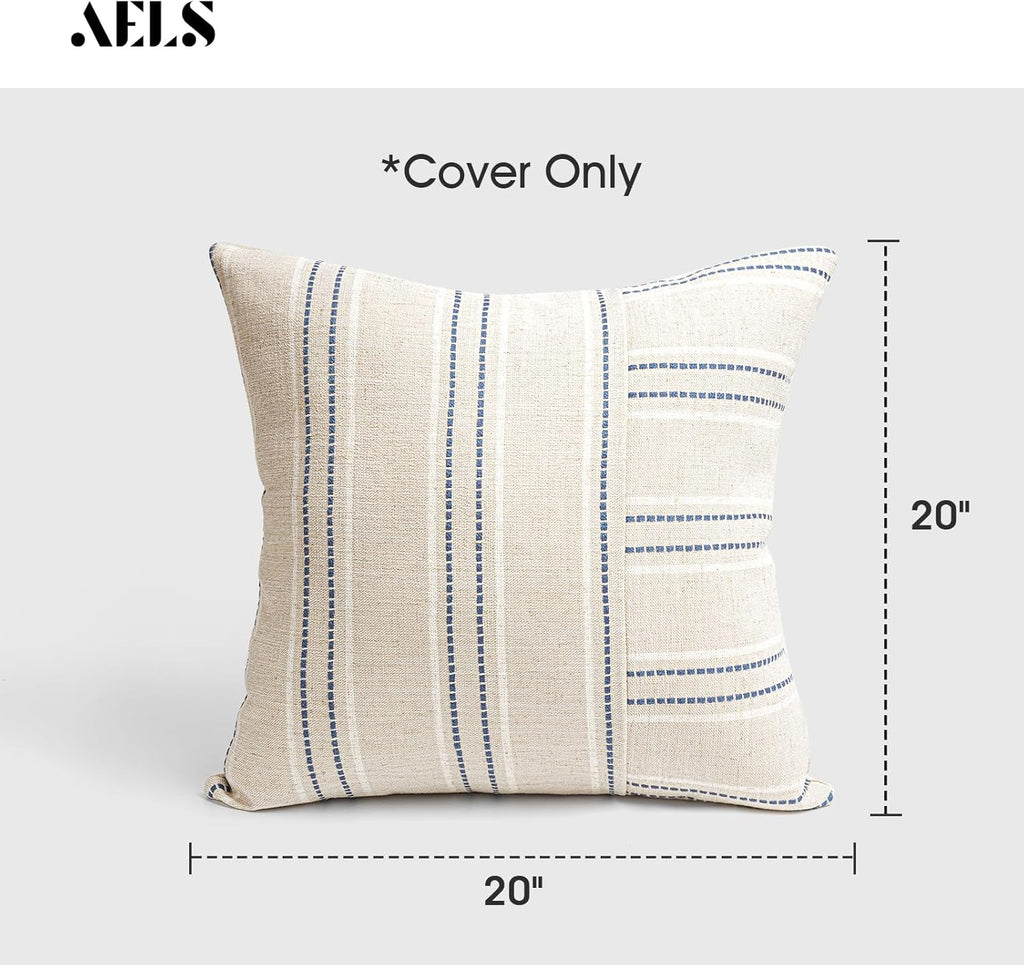 AELS 20x20 Decorative Farmhouse Linen Throw Pillow Covers, Boho Textured Pillow Case, Set of 2,Beige with White & Navy Blue Stripe Patchwork Cushion Cover for Sofa Couch Living Room(Cover ONLY)